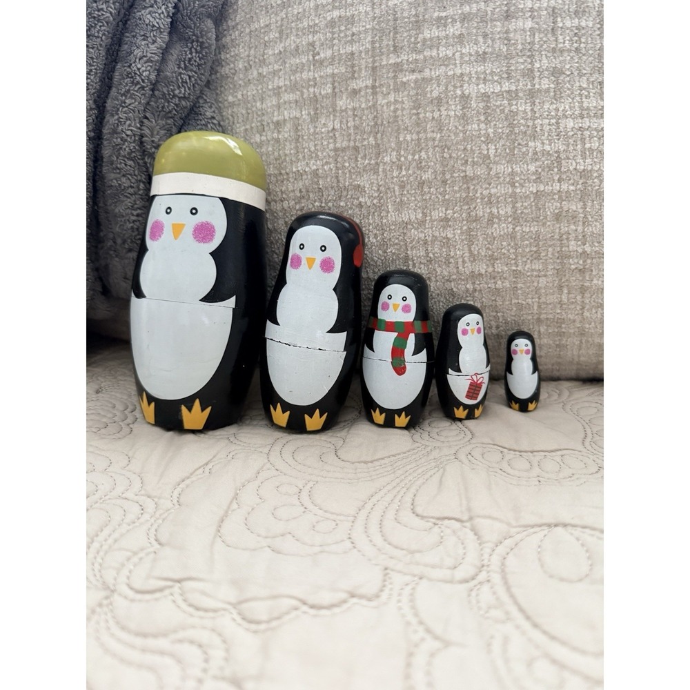 Hand Painted Wooden Penguin Nesting Doll Figurines, Set of 5, 10 in